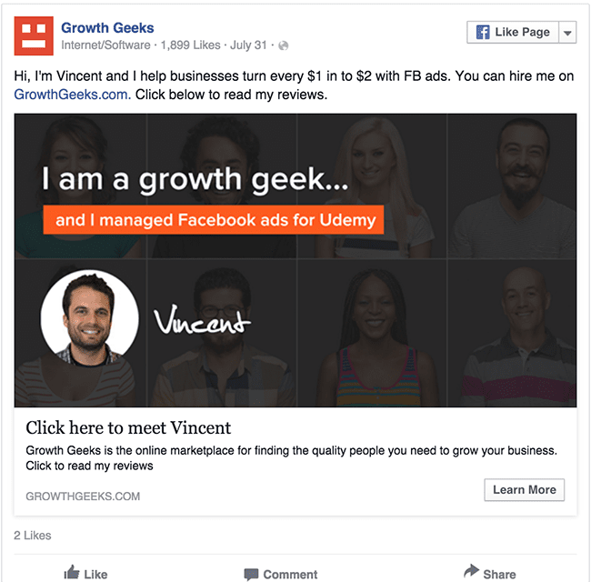 Growth Geeks facebook ad example critique