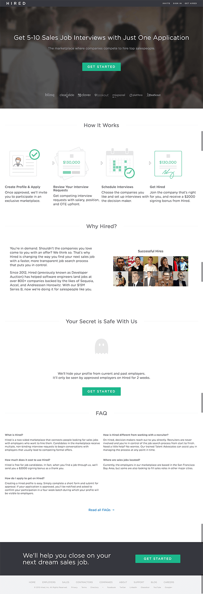Hired landing page example and critique