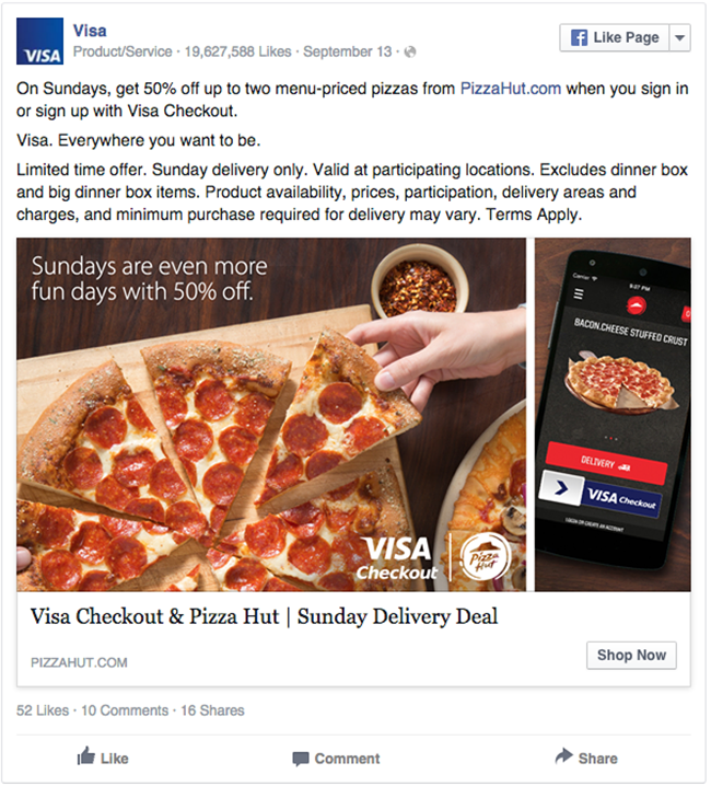 Visa and Pizza Hut facebook ad example critique