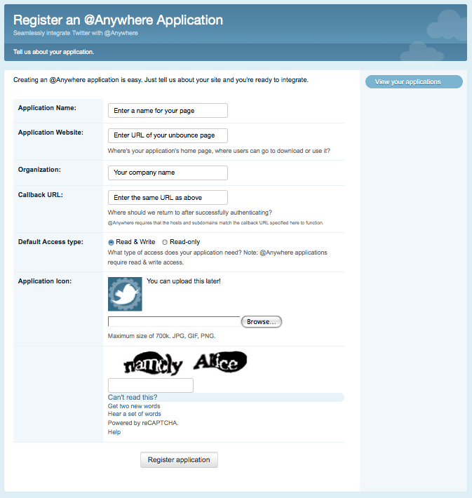 register your Twitter @anywhere app