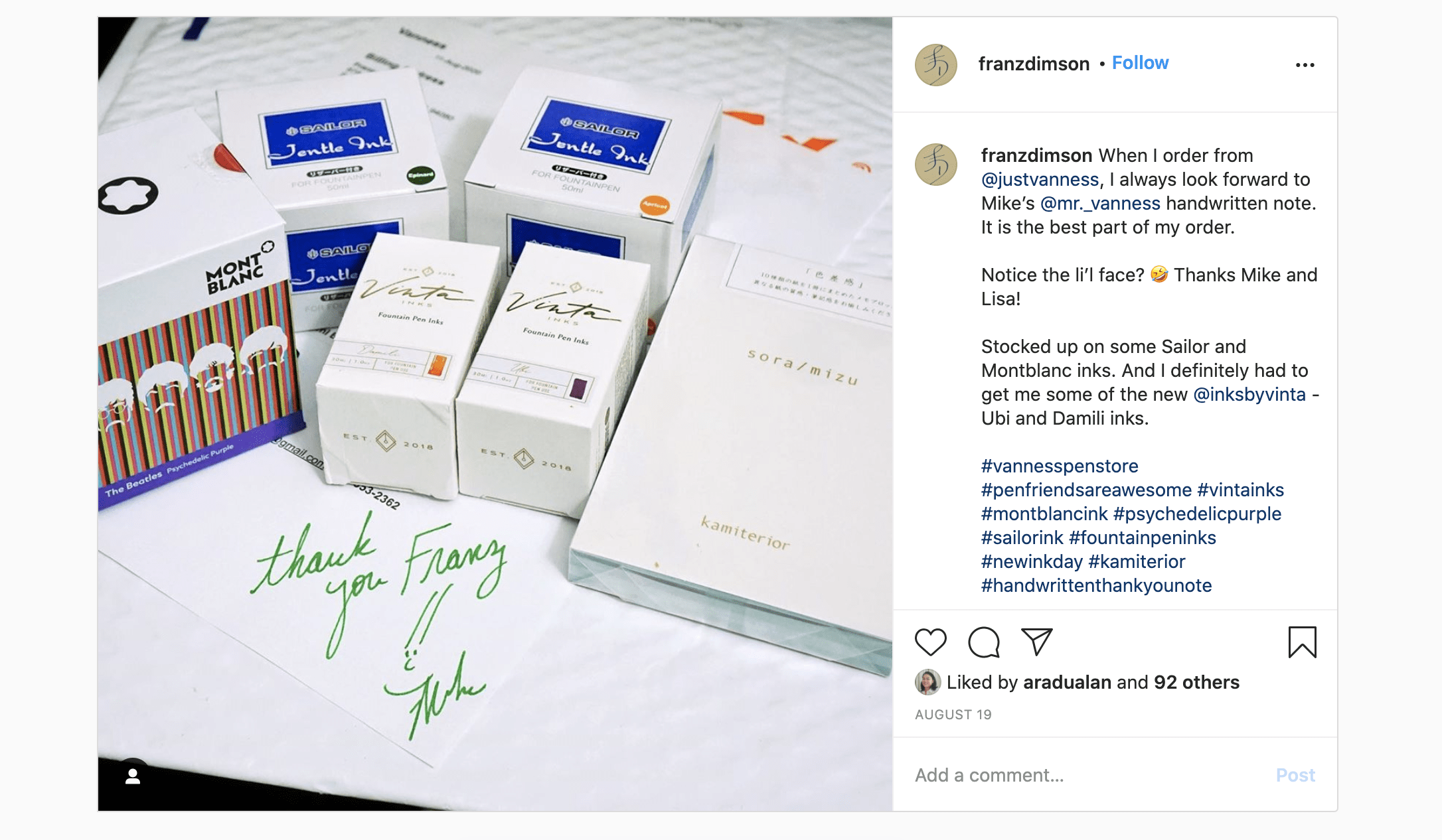 A customer posting about a handwritten thank you note on Instagram