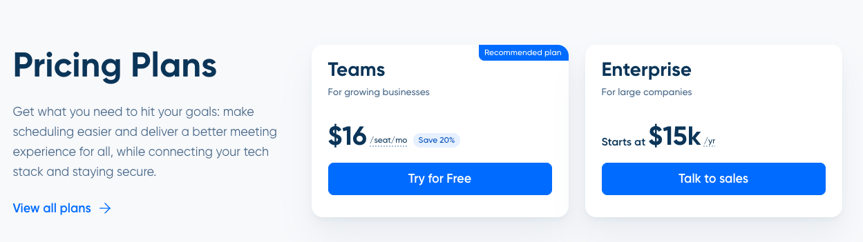 Calendly example pricing grid
