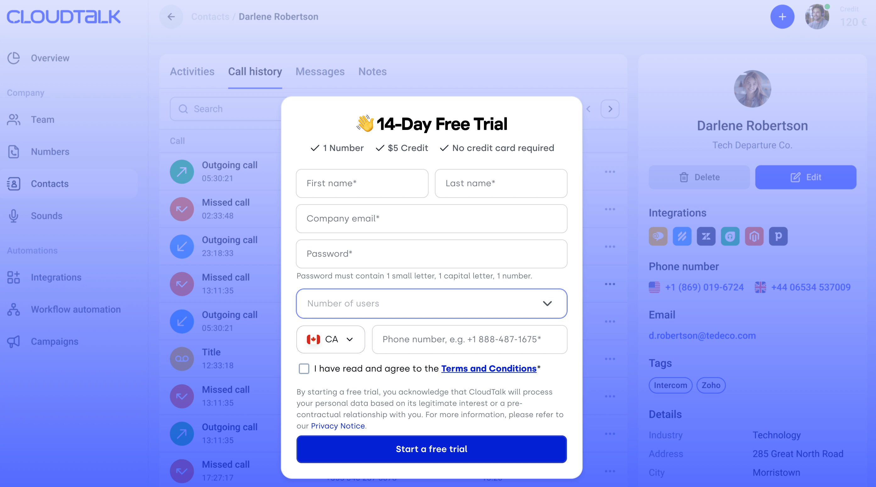 CloudTalk free trial sign up page example