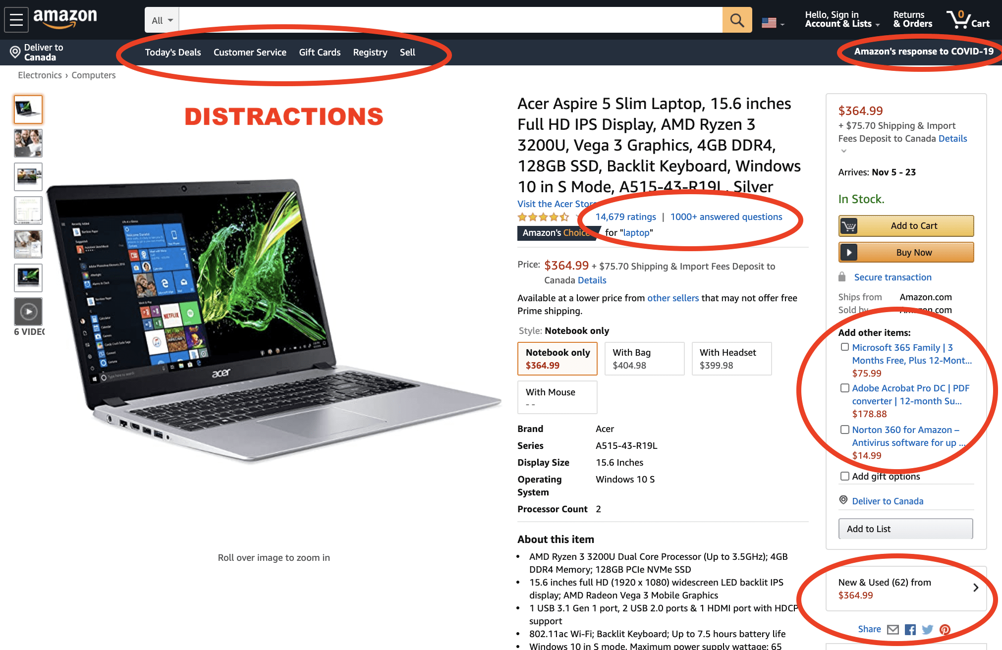 There are lots of links distracting visitors from Amazon pages