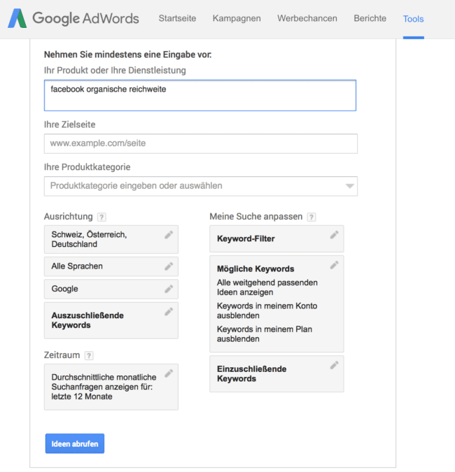Keyword Planer Facebook organische Reichweite