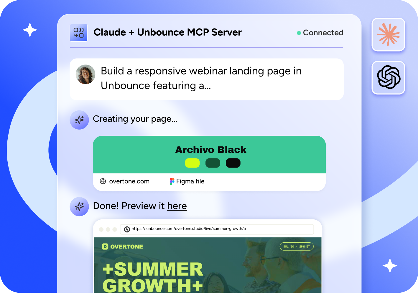 Claude building a landing page with the Unbounce MCP server
