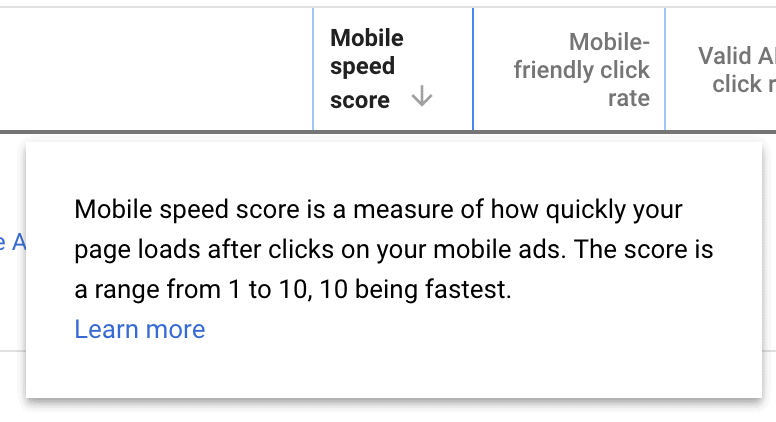 Access your landing page speed score in a new column