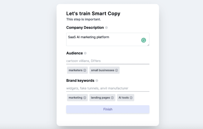 Screen shot of Smart Copy user experience: creating a company profile