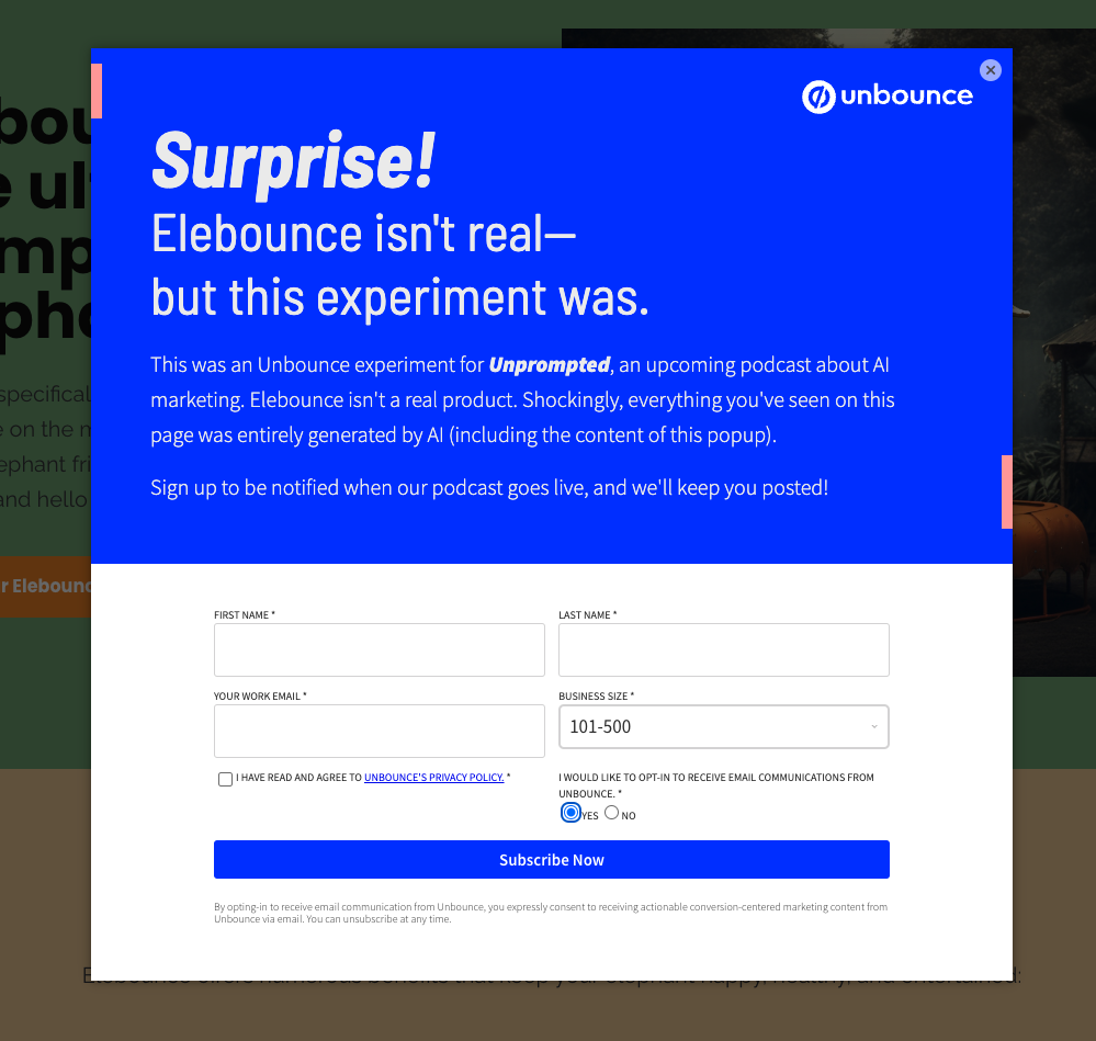 Surprise! Popup letting visitors know Elebounce isn't real.