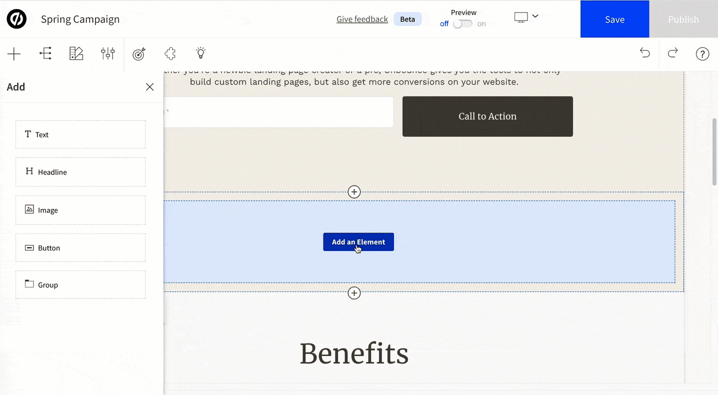 Gif demo of a user dragging different elments into the Customizable section.