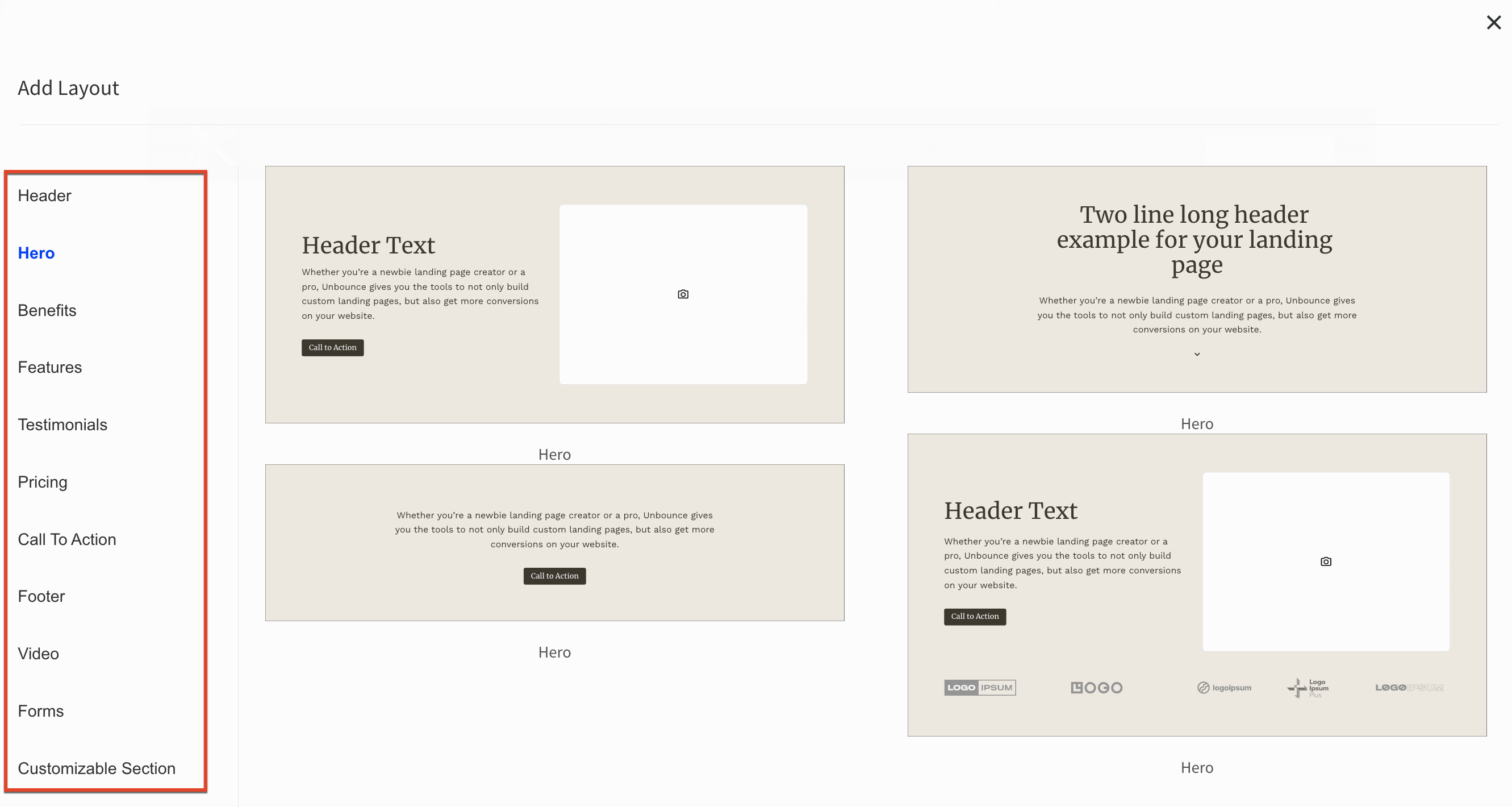 'Add a Layout' page and template options.