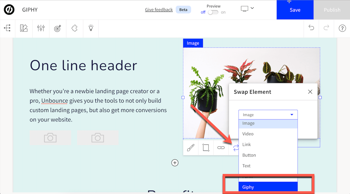 Annotated image showing how to swap in Giphy placeholder in Smart Builder