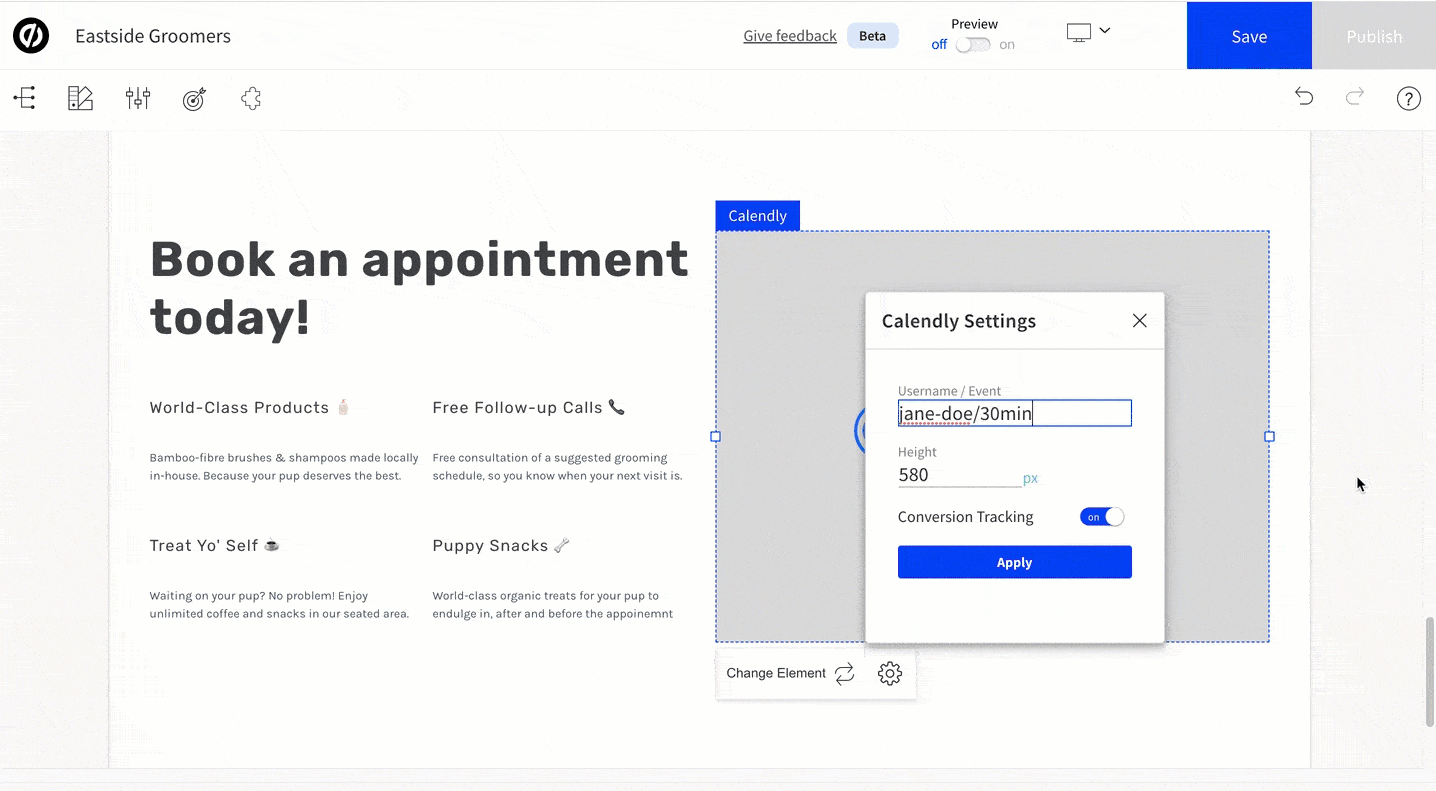 Gif demo of a user updating the Calendly settings - a calendar event appears in Smart Builder.