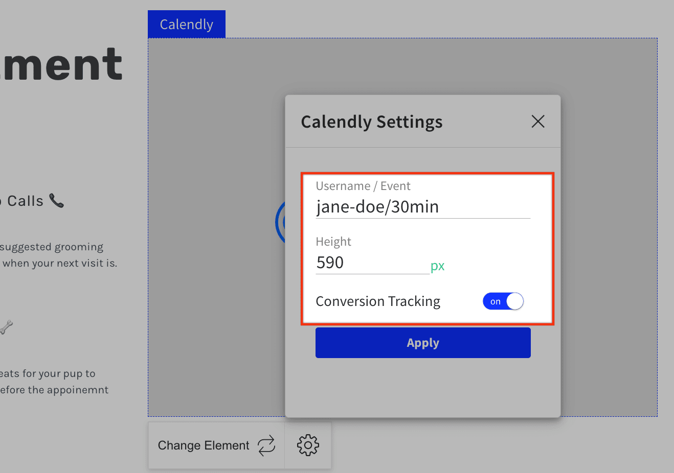 Calendly settings window