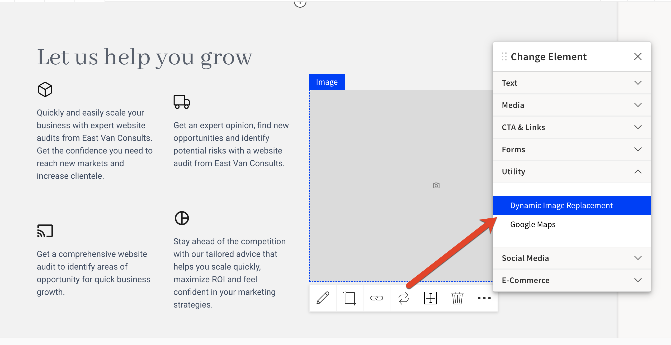 Change element button highlighted with drop-down list in Smart Builder.