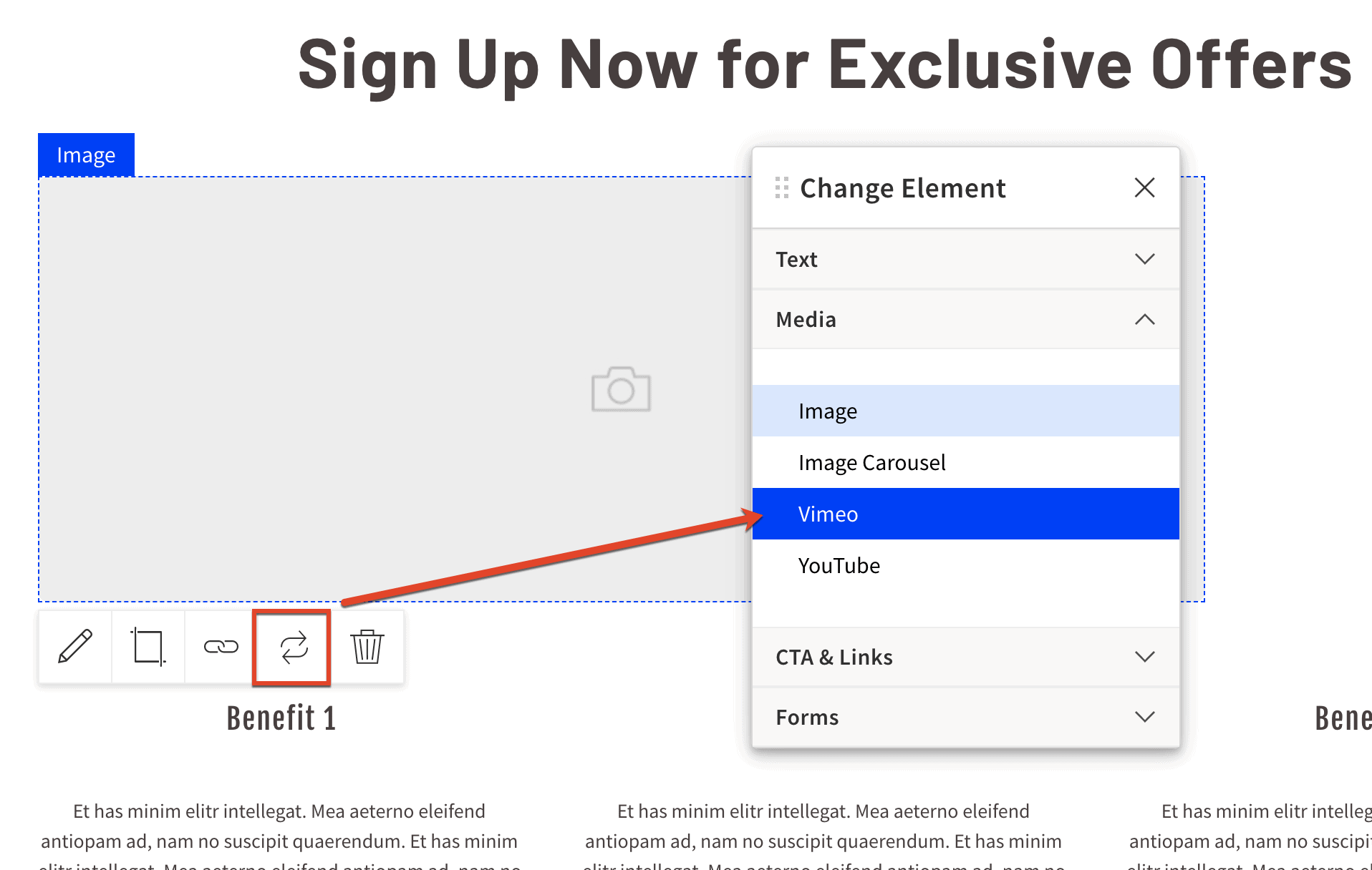 Annotated image of a red arrow pointing to the Vimeo app from the Media drop-down menu.