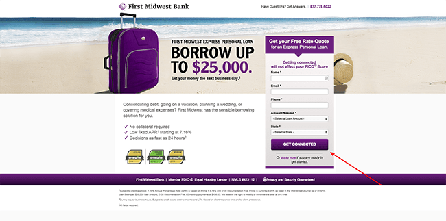 Midwest Bank Champion Landing Page A/B Testing example variant A