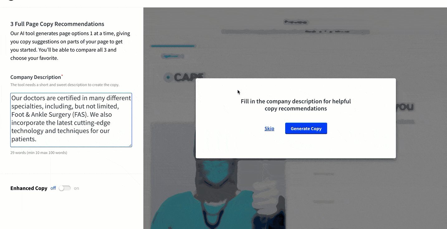 Gif demo of user clicking the 'Generate Copy' button.