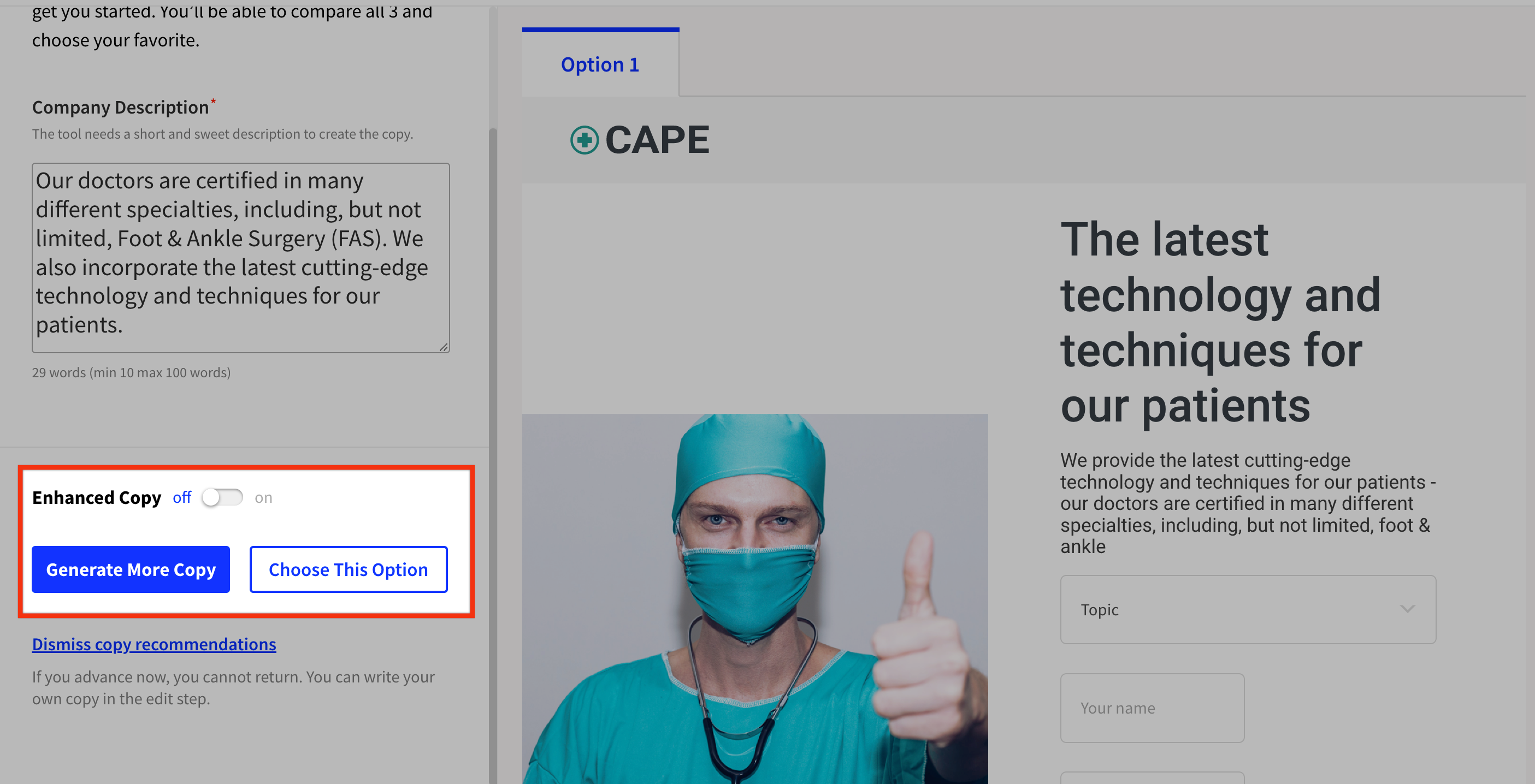 Annotated image of Enhanced Copy section of the Copy Assistant.