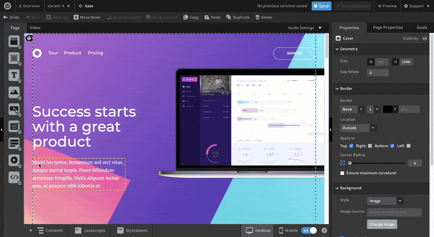 A landing page with a pink and purple background. The code button within the Widgets panel is clicked, which opens a text box.