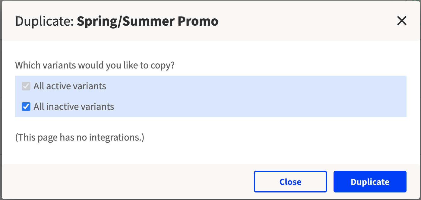 Pop-up window with option to duplicate variants.