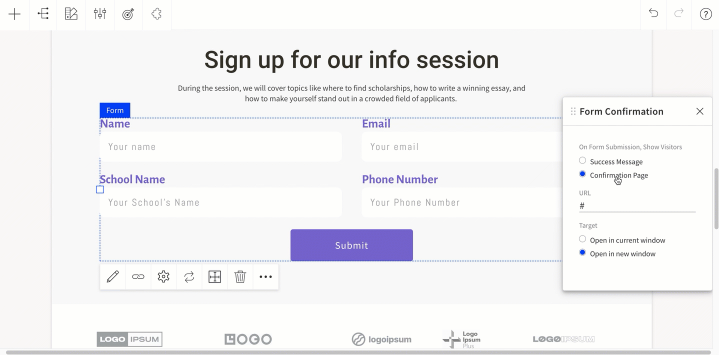 Gif demo of a form confirmation page set-up in the Form Settings.