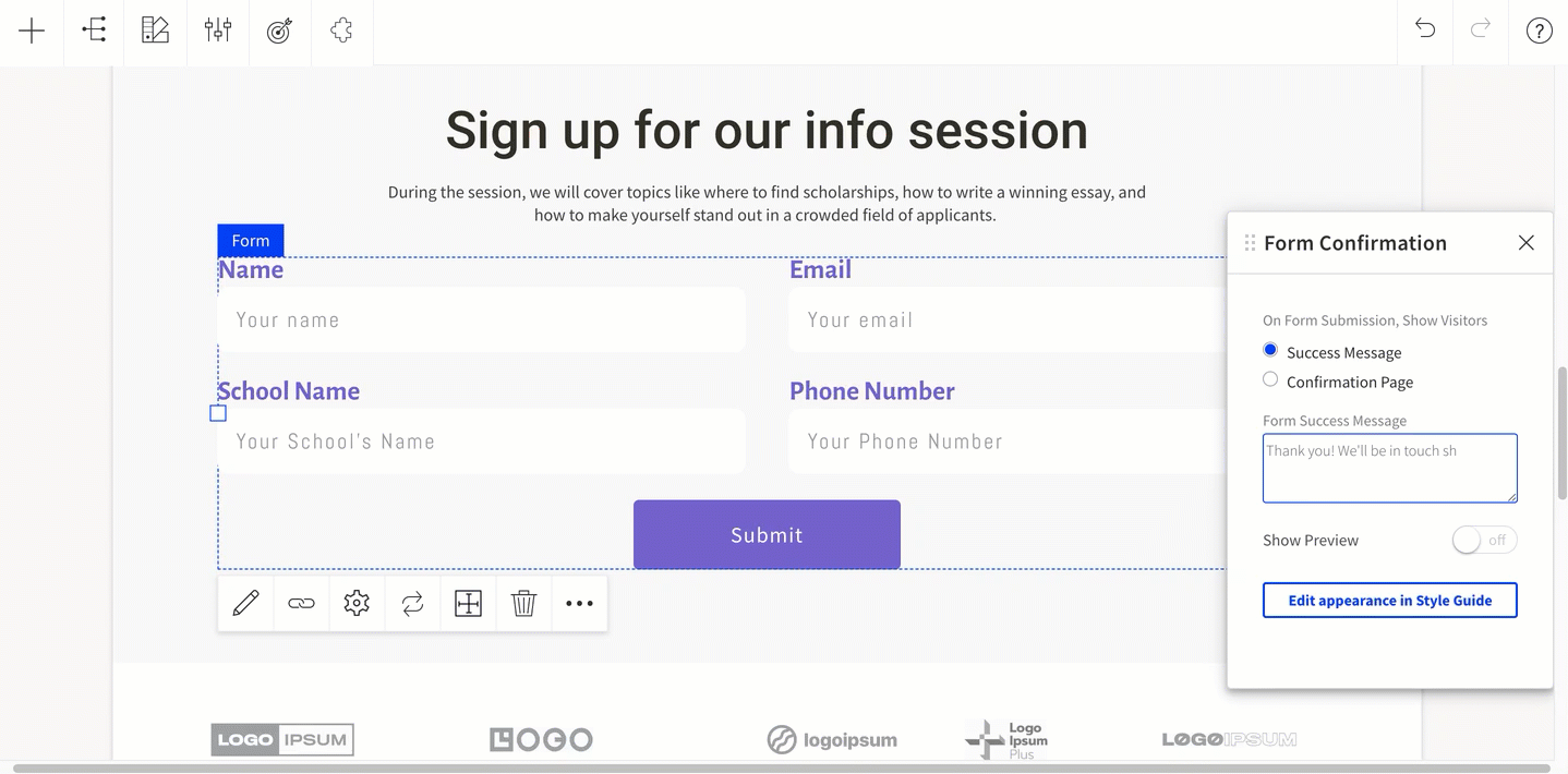 Gif demo of a form confirmation success message set-up in the Form Settings.