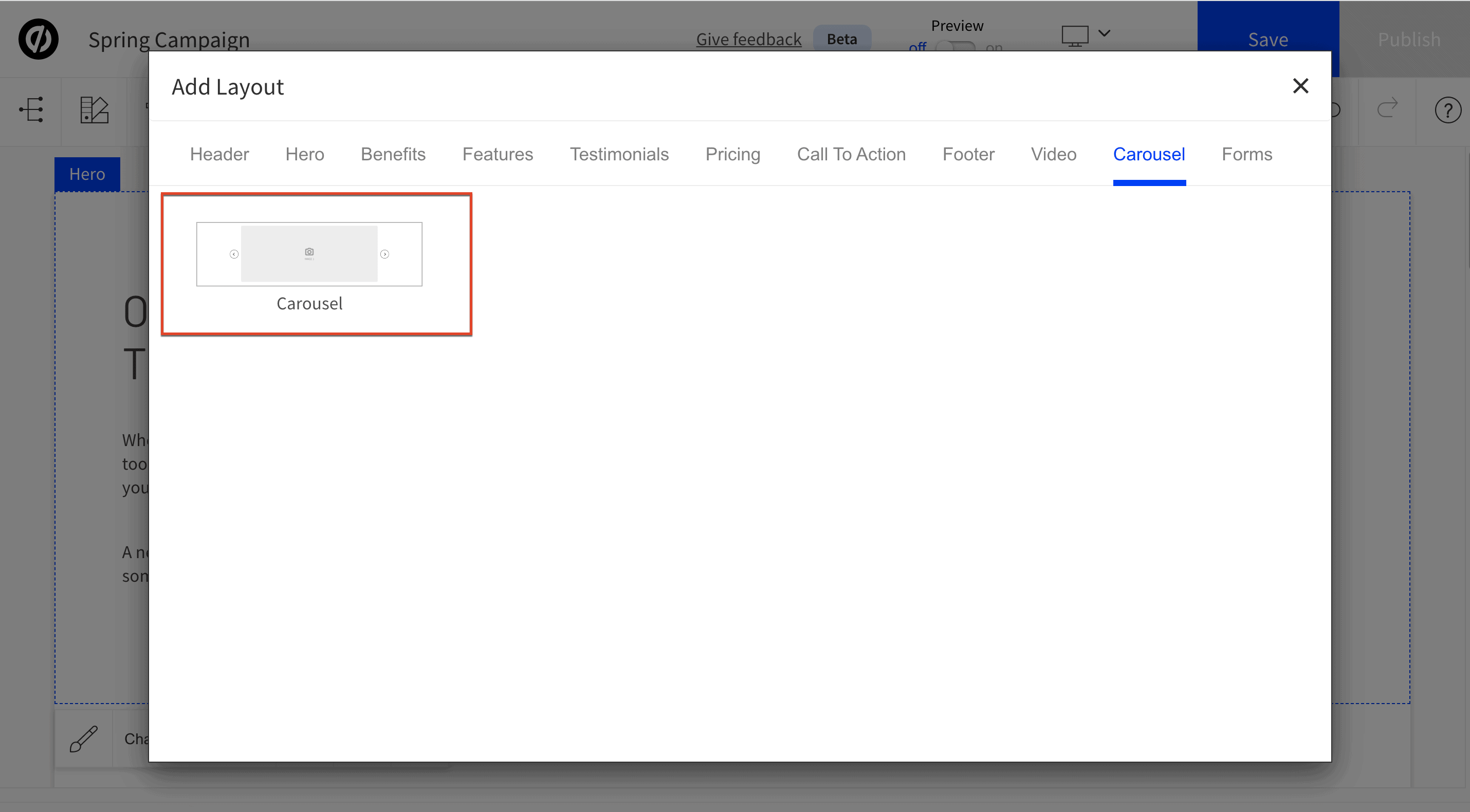 Image Carousel section tempaltes highlighted in red box in Smart Builder.