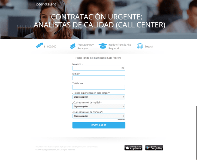 ejemplo de landing page real unbounce job and talent
