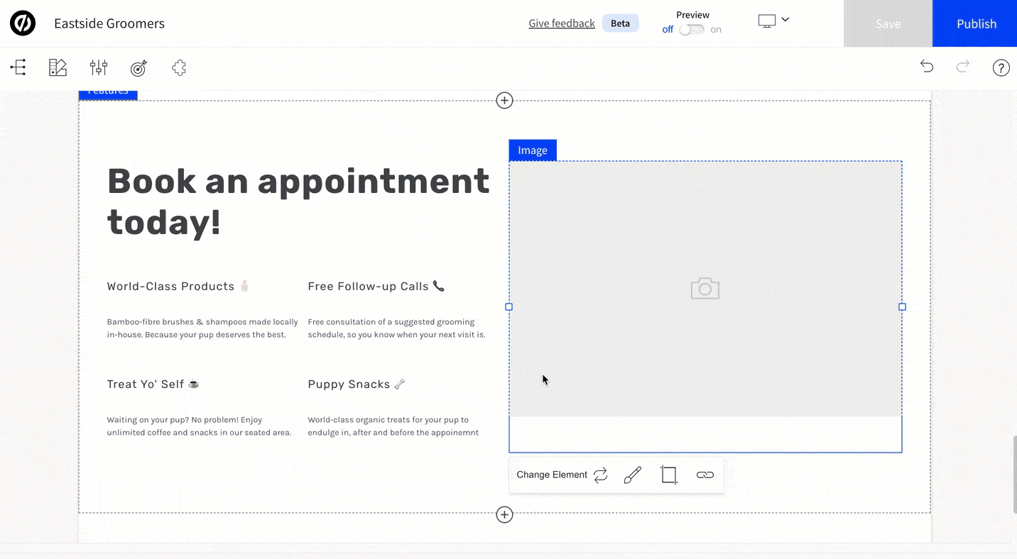 Gif demo of a user swapping a button in Smart Builder to a Calendly element.
