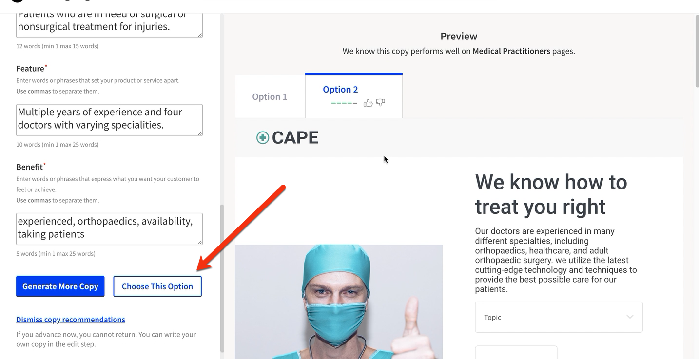 Annotated image of the three different copy options and the 'Choose This Option' button at the bottom of Smart Builder.