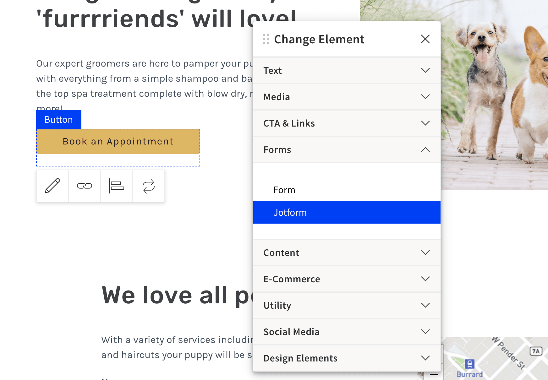 Select Jotform option from drop-down menu in Smart Builder.