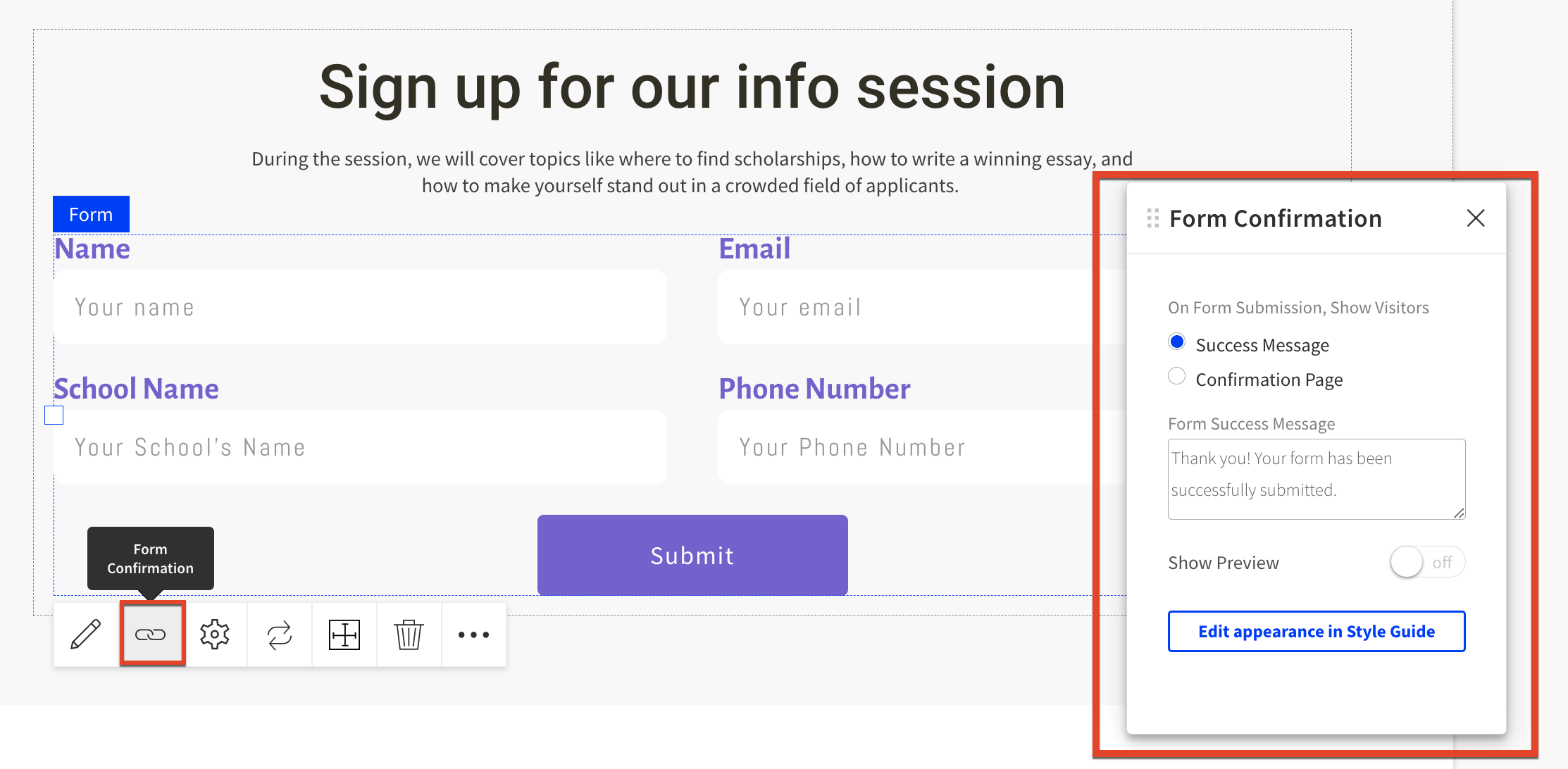 Form Setting pop-up in Smart Builder.