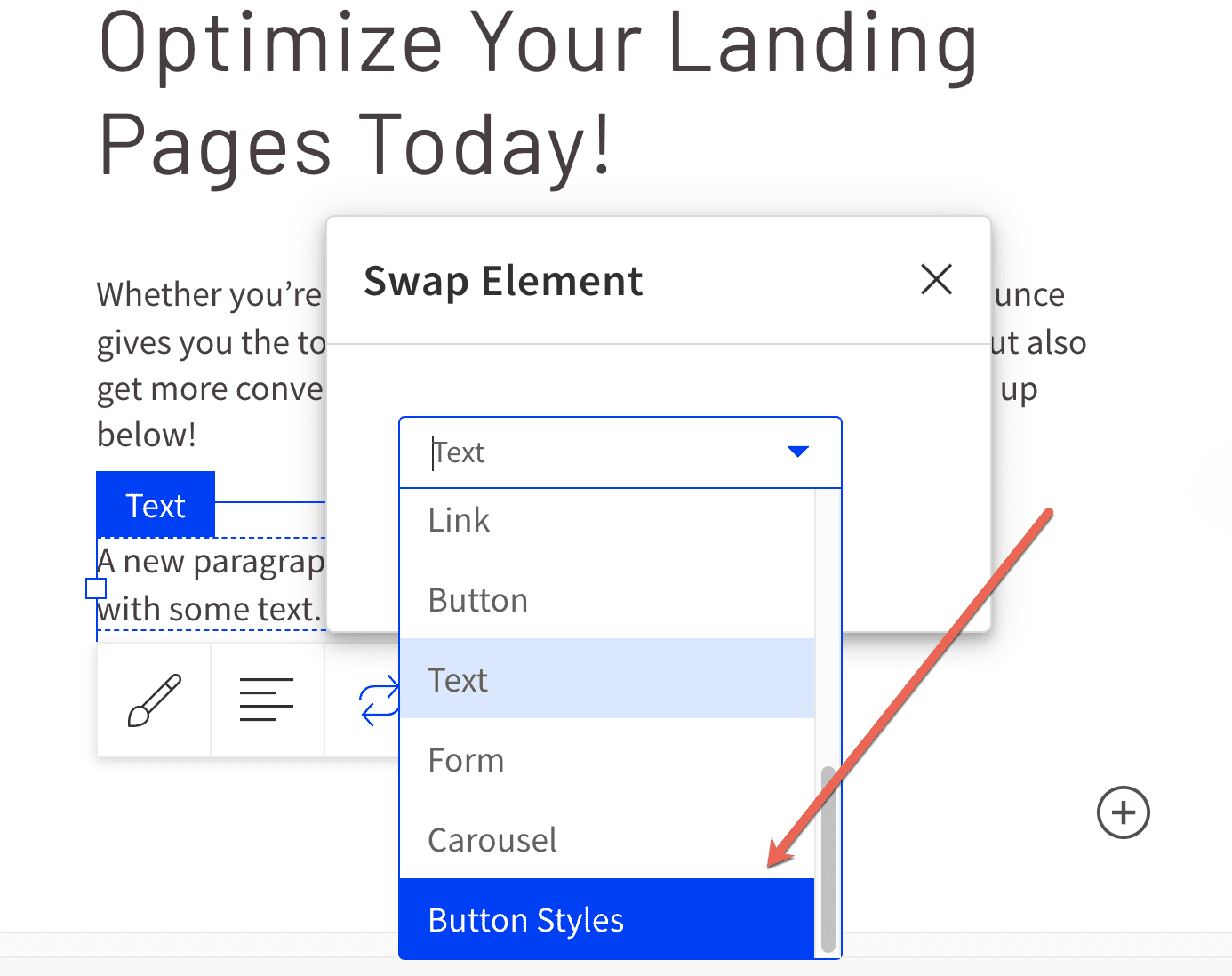 A drop-down menu with different elements listed, including Button Styles.
