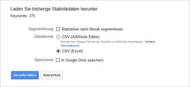 Speichern der Suchbegriffe als Excel-Datei.