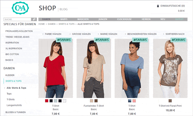 AdWords: Die Landing Page von C&A bietet nicht das gesuchte Produkt