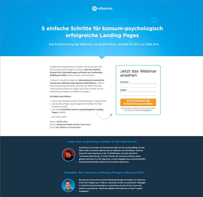 Call To Action Beispiel auf einer Unbounce Webinar Landing Page