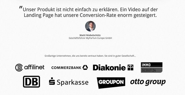 Unbounce: Social Proof auf der Landing Page von Budget Erklärfilme