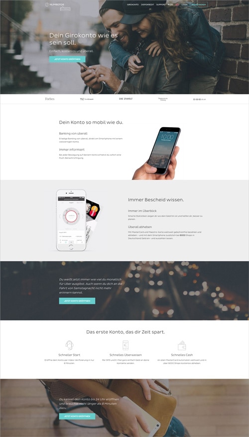 Number26 Landing Page mit mehrfacher Call To Action