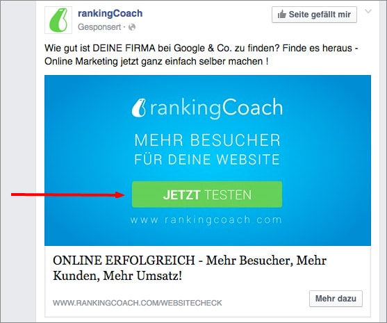 rankingCoach Facebook-Anzeige mit Call To Action