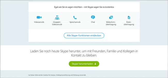 Landing Page von Skype mit abschließendem Argument