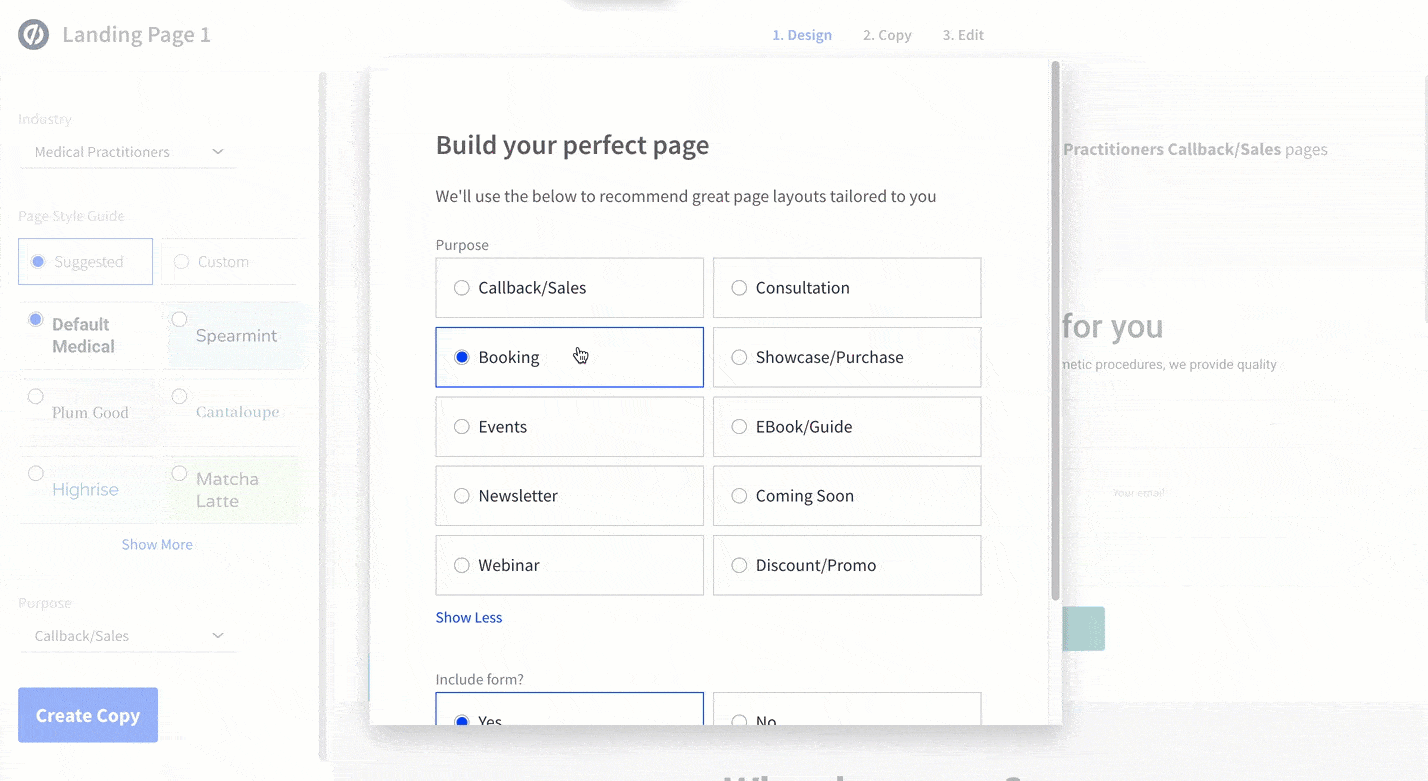 Gif demo of a user adding the page purpose and including a form.